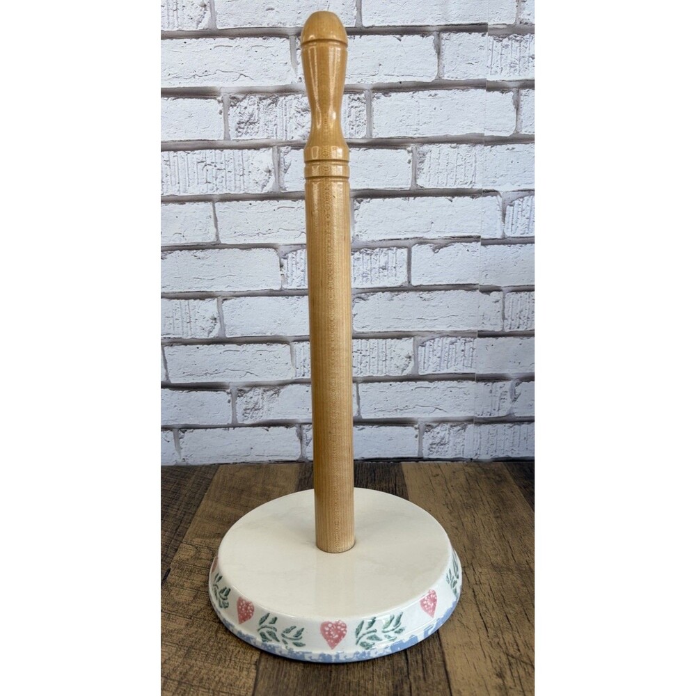 Vintage Ceramic Paper Towel Holder Hearts Wood Dowel Mint